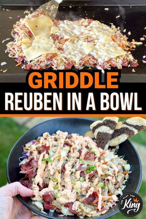 Looking for healthy Blackstone recipes to make on the griddle? If you love egg roll in a bowl and a Reuben sandwich, then combine them for this reuben in a bowl recipe.  SO easy to make on the griddle or in a skillet, and great for leftovers or meal prep too!  All the reuben flavor without the bread, so great low carb griddle recipe! Blackstone Meat And Veggies, Blackstone Grill Meal Prep, Easy Griddle Dinners, Macro Friendly Blackstone Recipes, Fun Blackstone Recipes, Blackstone Sides Recipes, Blackstone Party Food, Blackstone Griddle Breakfast Ideas, Blackstone Grill Recipes Dinner Healthy