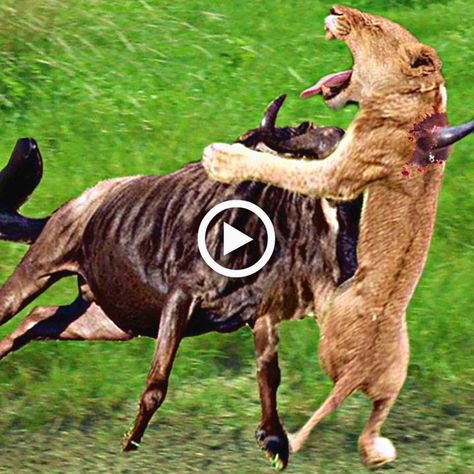 fine Check more at https://noudiv.com/fierce-encounter-angry-wildebeest-attack-lion-very-hard-video-17907/ Wildlife Animals, Lion, Animals