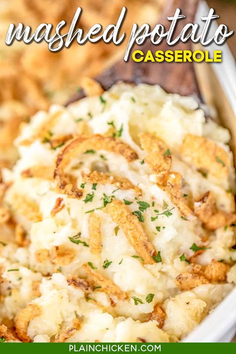 Mashed Potato Casserole - great make-ahead side dish for the holidays! SO easy and tastes AMAZING!!! Instant mashed potatoes, hash browns, cream cheese, butter, Monterey Jack cheese, sour cream, garlic, salt, pepper, and french fried onions. Can make in advance and refrigerate or freeze for later. Great for a crowd! Mashed Potato Casserole Recipes, Plain Chicken Recipe, Cream Cheese Butter, Thanksgiving Casserole, Delicious Sides, Mashed Potato Casserole, Easy Mashed Potatoes, Instant Mashed Potatoes, Instant Potatoes