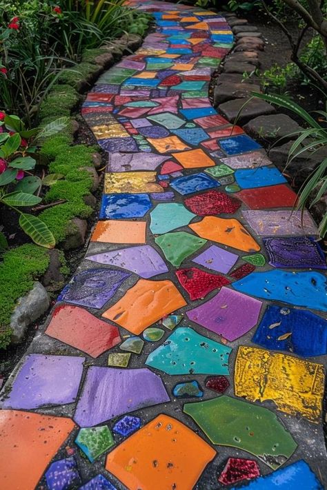 Creative Painted Stepping Stones Ideas for Gardens Painted Stepping Stones Ideas, Whimsical Walkway, Garden Path Ideas Stepping Stones, Tile Walkway, Painted Stepping Stones, Stepping Stones Ideas, Stepping Stone Pathway, Garden Path Ideas, Unique Yard Art