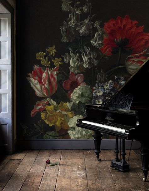 Kitchen Wallpaper Design, Dark And Moody Interiors, Moody Wallpaper, Floral Mural, Wall Design Ideas, Moody Interiors, Dark Home Decor, Pastel Room, Dark Home