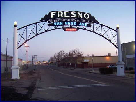 Fresno Welcome Arch over Van Ness Avenue , Fresno ,Ca. thi… | Flickr Futuristic Samurai, Arch Gate, Ranch Gates, Entrance Signage, City Branding, Fall Family Portraits, Warehouse District, Entry Signs, City Sign