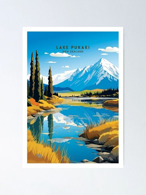 "Lake Pukaki New Zealand Crystal Waters Travel Illustration" Poster for Sale by NeuralVibe | Redbubble New Zealand Illustration, New Zealand Plants Illustration, New Zealand Wall Art, New Zealand Travel Poster, Nz Artists New Zealand Art, Poster Illustration, Illustration Poster, Travel Illustration, Illustrations Posters