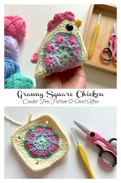 Granny Square Chicken Crochet Free Pattern Crochet Bird Granny Square, Crochet Granny Square Chickens, Crochet Chicken Granny Square, Granny Square Animals Free Pattern, Things To Make With Granny Squares Ideas, Chicken Granny Square Crochet Pattern, Crochet Granny Square Chicken, Granny Square Chicken Free Pattern, Granny Square Chicken Pattern