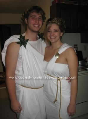 Homemade Greek Costume: My husband and I had a really hard time thinking up a costume last year, but we decided at the last minute to be a Greek God and Goddess. We went to WalMart Greek Costume Ideas, Calypso Costume, Greek Gods And Goddesses Costumes, Greek God And Goddess, Ancient Greek Costumes, Leo And Calypso, Greek God Costume, Roman Toga, Roman Ancient