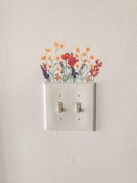 Light Switch Flowers, Flowers Light Switch, Neutral Boho With Pops Of Color, Maximize Your Space, Desk Inspo Aesthetic Vintage, Flowers On Light Switch, Wildflower Room Decor Ideas, Small Murals For Home, Alternative To Painting Walls