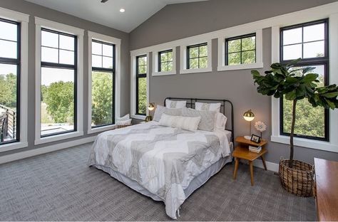 Black Window Frames With White Trim In Contemporary Bedroom Black Window Trims, Black Window Frames, Black Window, Light Grey Walls, Interior Windows, Window Ideas, White Windows, Black Windows, Modern Windows