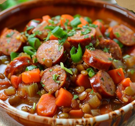 Hearty Sausage and Lentil Delight Lentil Recipes With Sausage, Lentils And Sausage Recipe, Lentil Italian Sausage Soup, Lentil And Sausage Recipes, Lentil And Sausage Soup, Lentil Soup With Sausage, Sausage And Lentil Soup, Sausage Lentil Soup, Lentils And Sausage