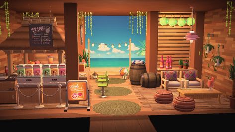 Animal Crossing Cafe, Boardwalk Beach, Indoor Beach, Tropical Interior, Beach Interior, Beach Cafe, Acnh Inspo, Beach Boardwalk, Coastal Interiors