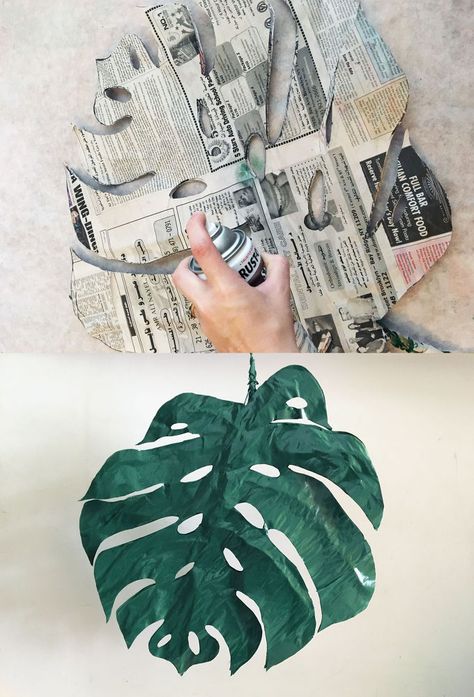 Paper Mache Palm Leaves Leaves Crafts, Spray Paint Crafts, Leaves Diy, Paper Mache Projects, Leaf Cutout, Summer Party Decorations, Palm Tree Leaves, Paper Plants, Paper Mache Art