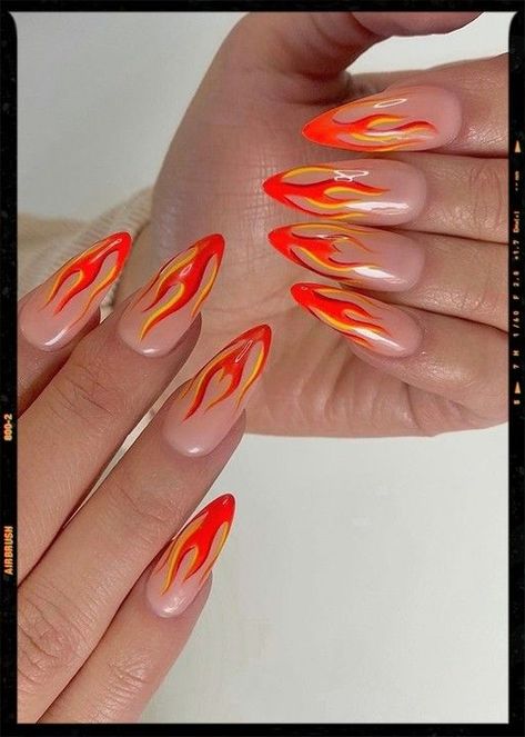 Two Tone Flame Nails, Fire Red Nails Design, Fire Orange Nails, Orange Flames Nails, Red And Orange Flame Nails, Gel Nails Flames, Orange Flame Acrylic Nails, Neon Funky Nails, Fire Flame Nail Design