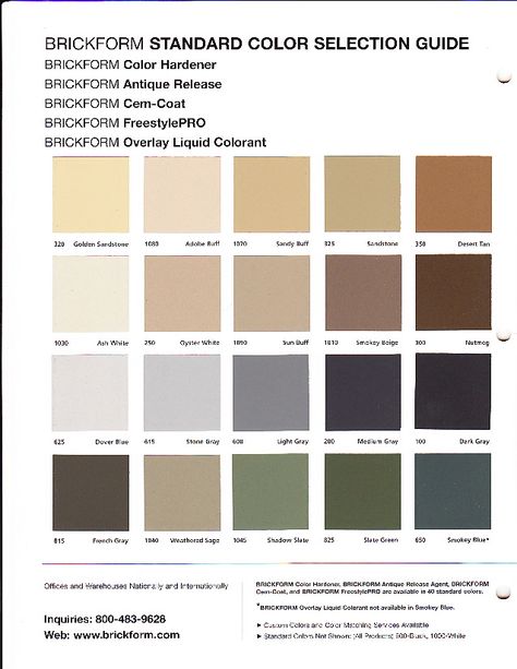 Walkers Concrete LLC - Color Chart Your  Concrete Contractor Company  Concrete Driveways Parking Pads Patios Sidewalks Stamped Concrete Basements & Garage Floors Tear-outs & Replacements Pole Barns Bridges Walk-out Basements Poured Foundations Footers Overlays & Excavating  Commercial & Residential.  Choosing two color will make your Stamped Concrete look more natural The color charts below represent both color hardner & antique release  Choose one color hardner & one ... Bathroom With Beige Tile, Concrete Driveway Paint, Stamped Concrete Colors, Colors Chart, Stucco Colors, Colorful Patio, Concrete Fence, Concrete Contractor, Stamped Concrete Patio