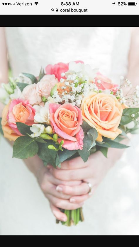 Wedding Bouquets Coral, Coral Bouquet, Coral Wedding Flowers, Prom Bouquet, Gypsophila Wedding, Peach Wedding Flowers, Flowers Bride, Coral Roses, White Hydrangeas