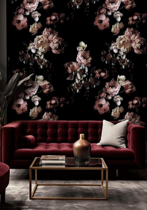 Welcome to TapetShow, where you can give your walls a beautiful look with our SELF ADHESIVE, removable peel and stick dark floral wallpaper wall mural - easier to install and less mess! This stunning oversized flowers print has a dramatic black background with dusty pink peonies.  This "wallpaper" is typically used to add impact to a focal wall as a mural. FEATURES ▪ Self adhesive peel and stick, removable wallpaper mural. ▪ Digitally printed and cut. ▪ Created using the latest, ecological HP te Black Floral Wallpaper Living Room, Moody Burgundy Living Room, Dusty Rose Living Room, Pink Black Wallpaper, Black Floral Wallpaper, Oversized Flowers, Flowers On Black Background, Vintage Floral Wallpaper, Moody Living Room