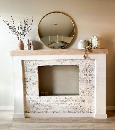 Faux Fireplace Brick, Fireplace Brick, Faux Wood Tiles, Faux Fireplace Mantels, Farmhouse Mantel, Fireplace Mantel Surrounds, Fireplace Update, Mantel Surround, Shiplap Accent Wall