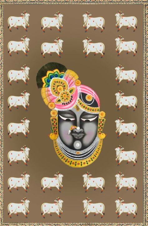 Shreenathji Mukharvind, Pichvai Painting, Pichwai Cow, Shree Nathji, Pichwai Art, Pichwai Painting, Pichwai Paintings, Krishna Ji, Indian Folk Art