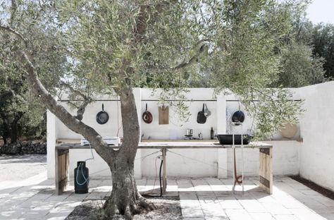 Mediterranean Utilitarian Outdoor Kitchen in Puglia, Gardenista Modern Mediterranean Garden, Easy Landscaping, Mediterranean Garden, Summer Kitchen, Outdoor Kitchen Design, Villa Design, Olive Tree, Outdoor Rooms, Outdoor Cooking