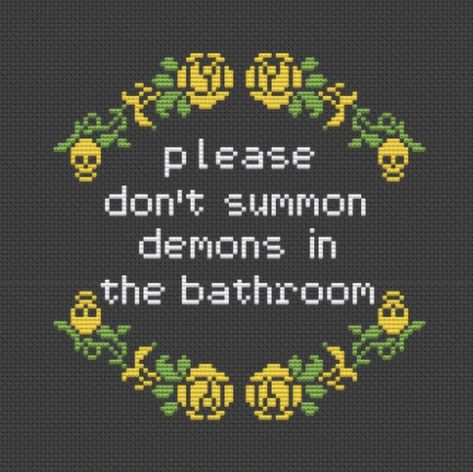 Please Do Not Summon Demons, Flower Wreath Cross Stitch, Horror Cross Stitch, Pixelated Art, Wreath Cross Stitch Pattern, Geeky Cross Stitch Patterns, Wreath Cross Stitch, Geeky Cross Stitch, Wreath Cross