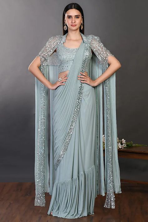 Blue Embroidered Draped Saree Set With Cape Design by Onaya at Pernia's Pop Up Shop 2024 Sage Green Saree, Saree With Jacket, Hand Embroidery Saree, Sage Green Design, Sari Gown, Indian Wedding Lehenga, Draped Saree, Embroidery Jacket, Cape Designs