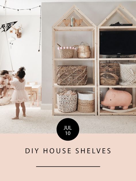 Diy House Bookshelf, Doll House Book Shelf Diy, House Shaped Bookshelf, Princess Dress Display, Doll House Shelf Diy, Diy Toy Shelves, Diy Toy Shelf, Wall Shelves Kids Room, House Bookcase