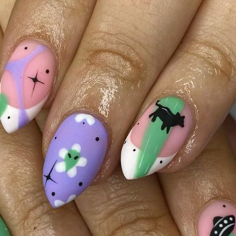 Eleza🥀 on Instagram: "Someone finally asked for this set that popped off, but with a lil colour switch up/twist! Thank you @dannicourts!!  I do not know og inspo! Pls tag if known!💜💚🐄👽 Reference update: @polishedinportland !✨  Brands used: @the_gelbottle_inc, @nailorder and @candy.coat✨  Time taken- 2hrs (reshape, infill and art)  Books currently closed but any cancellation space will be advertised on my story✨  #slayernailz #nailinspo #halloween #cowprintnails #spookynails #gothnails #christmasnails #blackandwhitenails #naildesign #flamenails #firenails #biabnails #customnails #biab #pickandmixnails #custompressonnails #custompressons #smallbusiness #gelnails #gelnailsdesign #nails #gelnailart #nailart #handpaintednailart #candycoatpro #ukpressons #pressonsuk #nailtech #glitternails Colourful Halloween Nails, Color Switch, Finger Nail Art, Goth Nails, Painted Nail Art, Pick And Mix, Gel Nail Designs, Art Books, Fire Nails