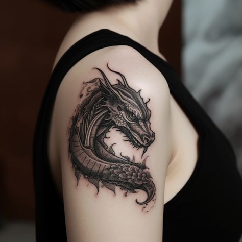 Dragons Head Tattoo, Forearm Dragon Tattoo For Women, Angry Dragon Tattoo, Dragon Shoulder Tattoo Women, Around Shoulder Tattoo, Dragon Tattoo Upper Arm, Dragon Face Tattoo, Dragon Eye Tattoo, Dragon Neck Tattoo