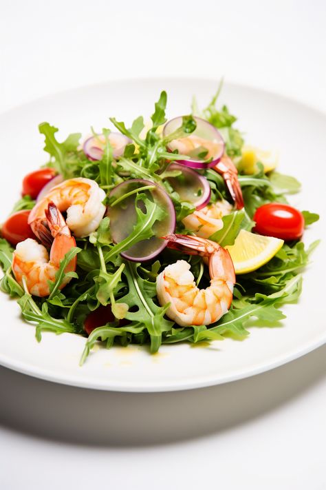 "Experience the Med: Shrimp and Arugula Salad with Lemon and Olive Oil Recipe Unleashed" Shrimp Arugula Salad, Mediterranean Shrimp Salad, Salad With Seafood, Lemon Capellini, Shrimp And Arugula, Healthy Sushi, Salad With Lemon, Olive Oil Recipes, Nice Food