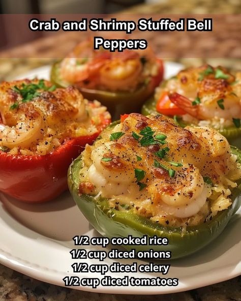 Crab And Shrimp Stuffed Bell Peppers, Shrimp Stuffed Bell Peppers, Seafood Stuffed Bell Peppers, Shrimp Stuffed Peppers, Veggie Options, Crab And Shrimp, Shrimp Stuffed, Peter Piper, Crab Cake Recipes