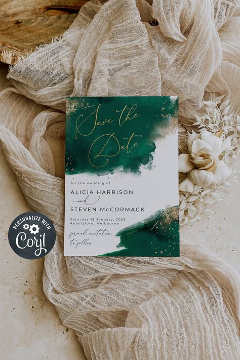 Green Gold Weddings, Emerald Green Weddings, Green Wedding Invitations, Rsvp Postcard, Save The Date Templates, Invite Template, Invitation Baby Shower, Gold Wedding Invitations, Watercolor Wedding Invitations