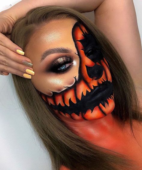 Pumpkin Head Makeup, Half Pumpkin Face Makeup, Halloween Makeup Scary Doll, Cute Pumpkin Makeup, Pumpkin Makeup Looks, Pumpkin Eye Makeup, Pumpkin Face Makeup, Pumpkin Eyeshadow, Pumpkin Makeup Ideas