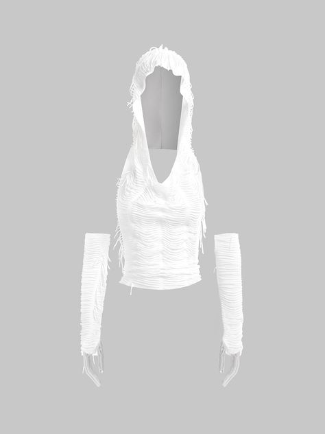 Backless Hoodie Plain Tank Top | kollyy White Emo Outfit, White Futuristic Outfit, Dance Tops Costumes, Techwear Female, White Rave Outfits, White Backless Top, Techno Rave Outfit, Transparent Outfit, Techno Outfit