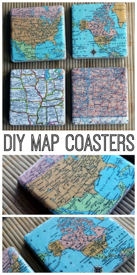 DIY map coasters - make your own coasters for a great gift idea! Choose any maps that you want! Diy Map, Coasters Diy, Map Coasters, Map Crafts, Country Chic Cottage, Tile Crafts, Diy Bricolage, Diy Coasters, Cadeau Diy