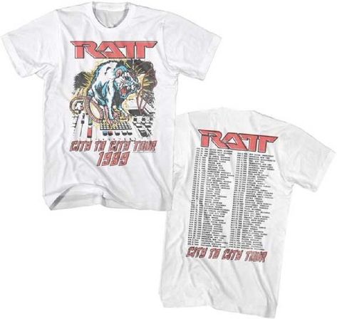 Our vintage Ratt concert t-shirt is from the band's 1989 City to City Tour. Performed to promote their album Reach for the Sky, this tour wasn't successful as the musical landscape was changing from that of glam metal to a rawer sound. Made from 100% white cotton with washed out graphics for a vintage look, this men's unisex tee shows an image of a rat on top of a mixing board, on the front, while the back lists the tour dates and cities. #ratt #stephenpearcy #bandtees #rockerrags Metal Concert, 1989 Tour, Rock Concert, Vintage Rock, Rock T Shirts, Concert Tees, Concert Tshirts, Tour Dates, Rock Band