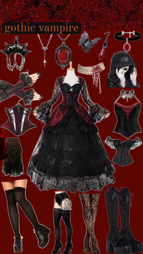 gothic, halloween, dress, tops, corsets,necklaces, jewelry, red, black, theme, inspo, coustume idea, vampire, goth, girl, trick, Red Goth Outfits, Red Corset Outfit, Gothic Vampire Costume, Goth Halloween Costume, Black Halloween Costumes, Vampire Dress, Vampire Halloween Costume, Red And Black Outfits, Vampire Costumes