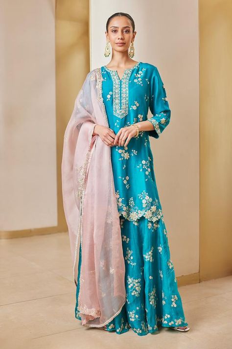 Buy Monk & Mei Pink Kumudini Brocade Kurta Sharara Set Online | Aza Fashions Haldi Dresses, Organza Sharara, Embroidered Sharara, Sharara Designs, Kurta Sharara Set, Mehndi Dress, Kurta Sharara, Short Kurta, Wedding Brides