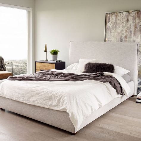 Simple Modern Upholstered Bed - Light Gray (In-Stock & Ready to Ship) | West Elm Modern Upholstered Beds, West Elm Bedding, Tall Headboard, Upholstery Foam, Padded Headboard, Table Cafe, Bed Lights, Box Bed, Linen Upholstery