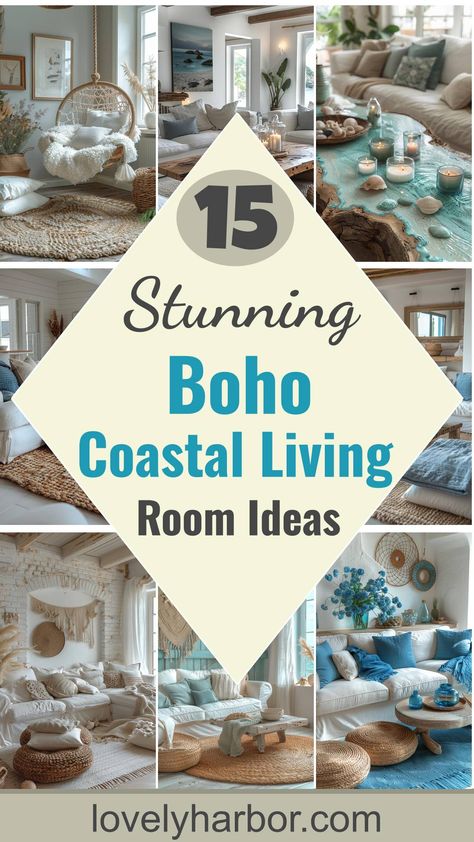 15 Stunning Boho Coastal Living Room Ideas For A Beachy Home Boho Coastal Decor Wall Art, Beachy Wall Decor Ideas, Boho Beach Home Decor, Beach Maximalism, Beach Boho Living Room, Blue Boho Living Room, Boho Coastal Living Rooms, Coastal Boho Living Room, Beachy Wall Decor