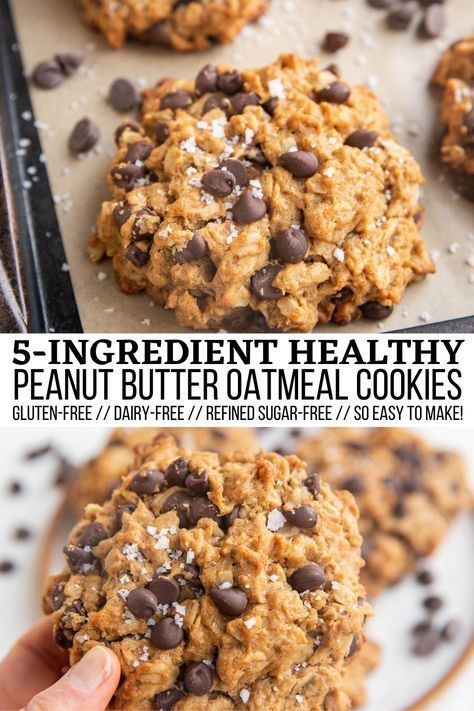 Healthy 5-Ingredient Healthy Peanut Butter Oatmeal Chocolate Chip Cookies are flourless, gluten-free, dairy-free and easy to make with one bowl. These simple yet delicious healthier peanut butter cookies are wholesome enough to be considered better for you yet delicious enough to be a delightful treat. #healthy #cookies #oatmeal #peanutbutter #dessert Healthy Peanut Butter Oatmeal Cookies, Peanut Butter Oatmeal Chocolate Chip, Peanut Butter Oatmeal Chocolate Chip Cookies, Healthy Peanut Butter Cookies, Healthy Oatmeal Cookies, Healthy Food Guide, Peanut Butter Oatmeal Cookies, Oatmeal Chocolate Chip, Peanut Butter Chocolate Chip Cookies