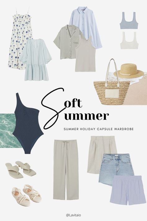 Muted Summer Capsule Wardrobe, Summer Outfit Pastel, Summer Mute Cool Outfits, Soft Colour Outfit, Soft Summer Yellow Colour Palettes, Pastel Colour Wardrobe, Soft Summer Beachwear, Soft Summer Colour Palette Outfits, Classic Summer Color Palette Outfits