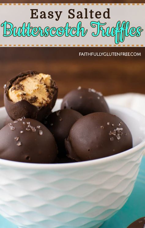 Easy Salted Butterscotch Truffles (Video) - Faithfully Gluten Free Truffle Recipe Christmas, Easy Truffles, Christmas Truffles, Homemade Truffles, Dessert Truffles, Chocolate Candy Recipes, Candy Truffles, Candy Recipes Homemade, Christmas Candy Recipes