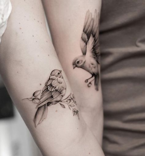 Bird Couple Tattoo, Matching Animal Tattoos, Gold Finch Tattoo, Couple Bird Tattoos, Sparrow Family Tattoo, Goldfinch Tattoo, Goldfinch Tattoo Black And White, Sparrow Tattoos, Tattoo Animals