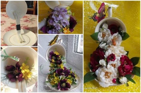 DIY Floral Topiary Flying Cup Tutorial Topiary Ideas, Floral Topiaries, Floating Tea Cup, Floating Cups, Candy Arrangements, Teacup Crafts, Diy Flores, Flying Flowers, Cup Crafts