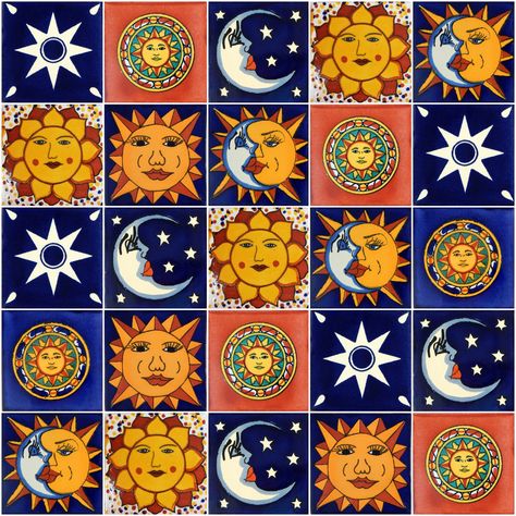 25 Mexican Ceramic Talavera Tiles (Moon, Sun and Star Designs, similar as the picture)   DESCRIPTION: *         Size: 4 by 4 inches  *         ¼ inch of thickness *          Due to its handcrafted process, tiles may present some variations in the color and shape (they are not really flat or square), and some tiles can have small cracks in the surface as well. Patterns may vary due to the rotation of our stock. Funky Tiles, Roof Patio, Tile Selection, Peel And Stick Wood, Mexican Talavera Tile, Mexican Ceramics, Star Painting, Talavera Pottery, Mexican Tile