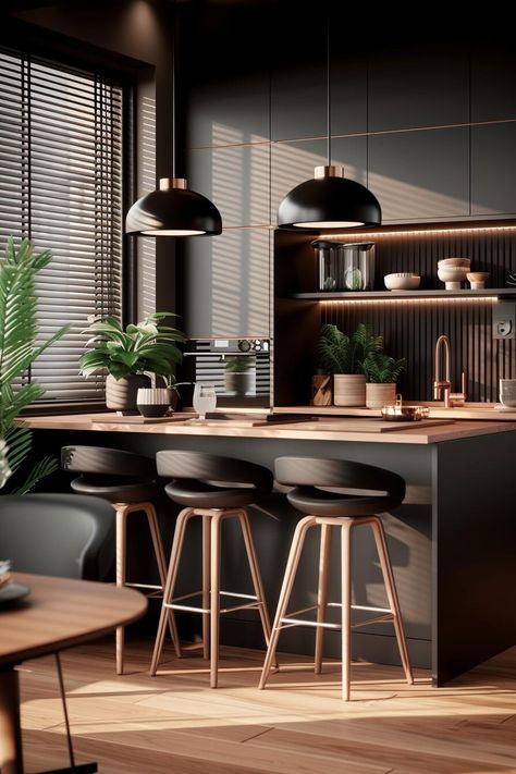 23 Black Japandi Kitchen Design Ideas That Blend Elegance With Simplicity - H.M.G Grey Japandi Kitchen, Japanese Inspired Kitchen Design, Black Japandi Kitchen, Grey Japandi, Black Japandi, Dark Kitchen Design, Japanese Kitchen Ideas, Dark Japandi, Japandi Black