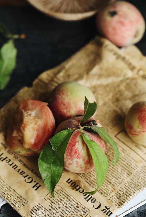 Peach Food, Aesthetic Peach, Rustic Food Photography, Newspaper Photo, Rustic Photography, Twisted Tree, Peach Nails, Coiled Baskets, Peach Fruit