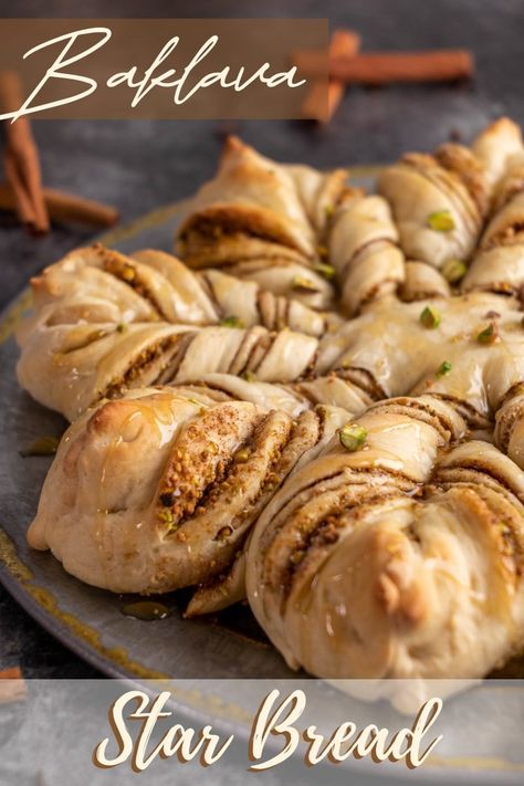 Cinnamon Star Bread With Puff Pastry, Cinnamon Roll Star Bread, Star Bread Recipe, Baklava Recipe With Pistachios, Twisted Bread, Baklava With Pistachios, Crescent Rings, Different Shapes Of Baklava, Middle Eastern Dessert