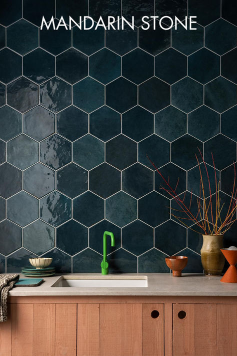 Blend retro and modern with the intruige of hexagonal tiles. With shades ranging from glossy teal to blush pink and more, browse our collection of hexagon tiles suitable for walls and floors at Mandarin Stone today. Tile pictured: Hoxton Teal Gloss Porcelain Hexagon Hexagon Shower Tile, Hexagon Tile Kitchen, Wood Burner Fireplace, Porcelain Hexagon Tile, Teal Tile, Hexagon Tile Floor, Mandarin Stone, The Hoxton, Kitchen Splashbacks