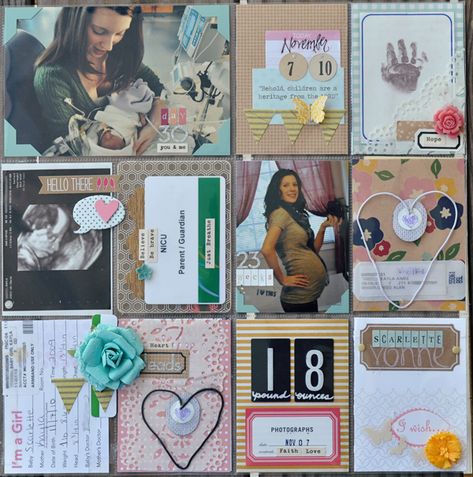 NICU scrapbook Nicu Keepsakes Cute Ideas, Nicu Scrapbook Page Ideas, Nicu Quilts, Birth Scrapbook Layouts, Preemie Blankets Nicu Patterns, Project Life Baby, Pregnancy Scrapbook, Baby Books Diy, I Gave Up