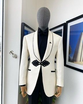 Buy African men suits | African wedding print suits - Afrikrea White Tuxedo Men, Bow Tie Pants, Jacquard Suit, Costume Africain, Button Shawl, Studded Shirt, African Attire For Men, Wedding Tuxedo, White Shawl