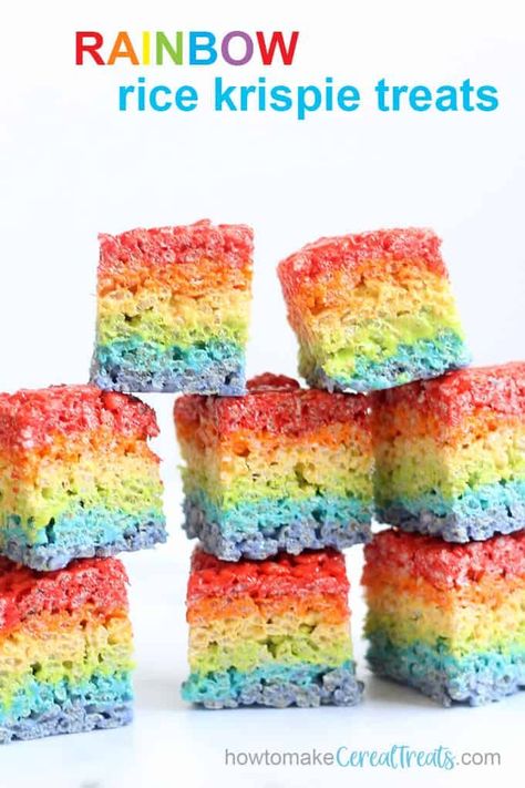 How to color Rice Krispie Treats and a fun, no-bake rainbow Rice Krispie treats recipe. #ricekrispietreats #rainbow #unicorn #foodcoloring #nobakedessert #cerealtreats Rainbow Rice Krispie Treats, Joey Birthday, Peeps Rice Krispie Treats, Cereal Treat Recipes, Chocolate Rice Krispie Treats, Color Rice, Rainbow Treats, Rainbow Rice, Krispie Treats Recipe